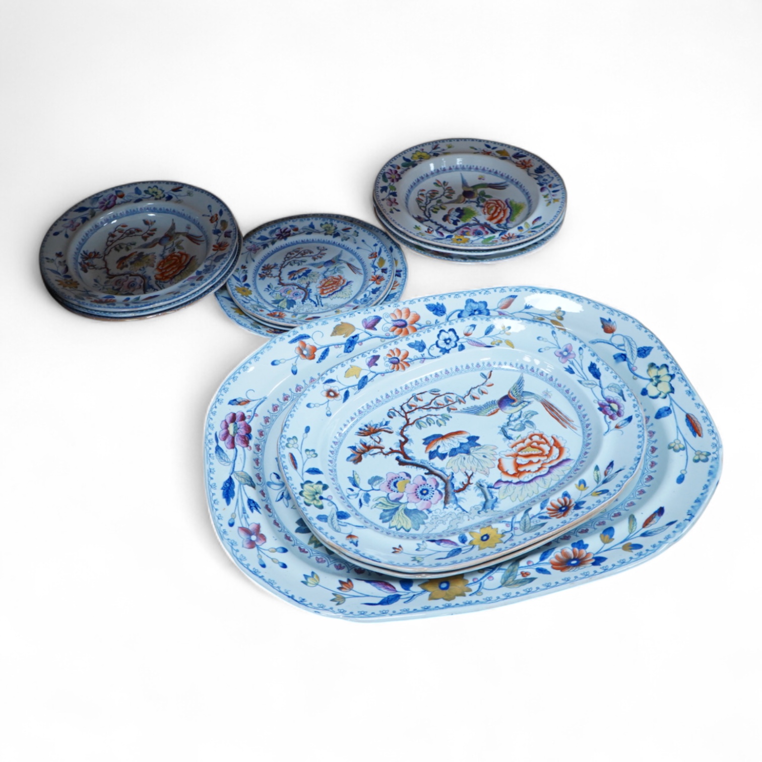 An early 19th century Davenport ironstone part dinner service, eight items, and four matching Stone China dessert dishes, meat plate 50cm